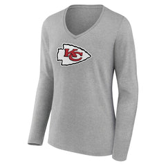 Kansas City Chiefs Women's Primary Team Logo Long Sleeve V-Neck T-Shirt Heather Gray | NFL