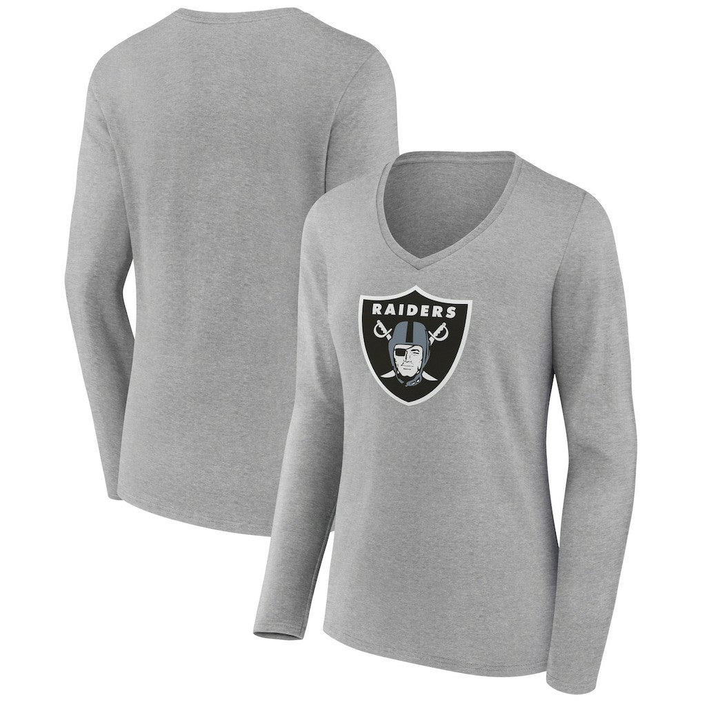 Las Vegas Raiders Women's Primary Team Logo Long Sleeve V-Neck T-Shirt Heather Gray | NFL