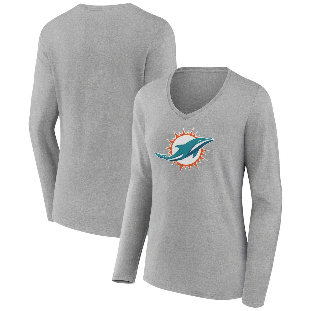 Miami Dolphins Women's Primary Team Logo Long Sleeve V-Neck T-Shirt Heather Gray | NFL