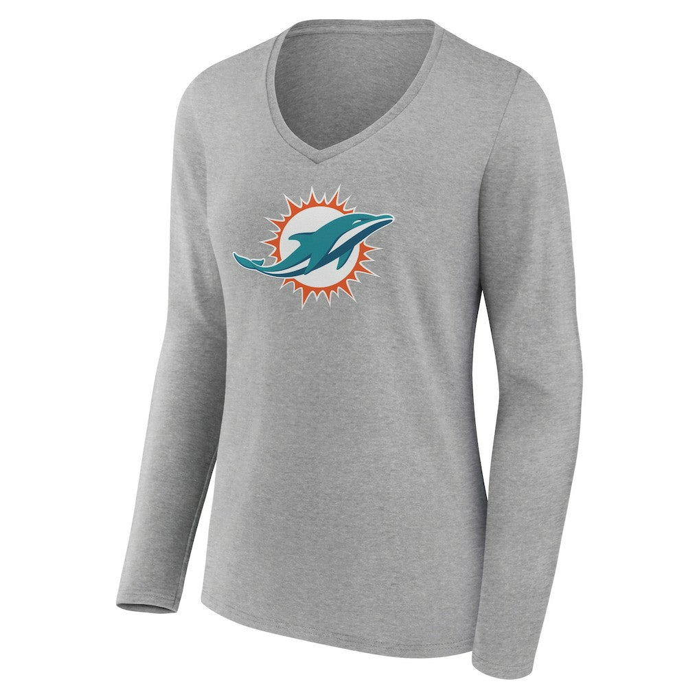 Miami Dolphins Women's Primary Team Logo Long Sleeve V-Neck T-Shirt Heather Gray | NFL