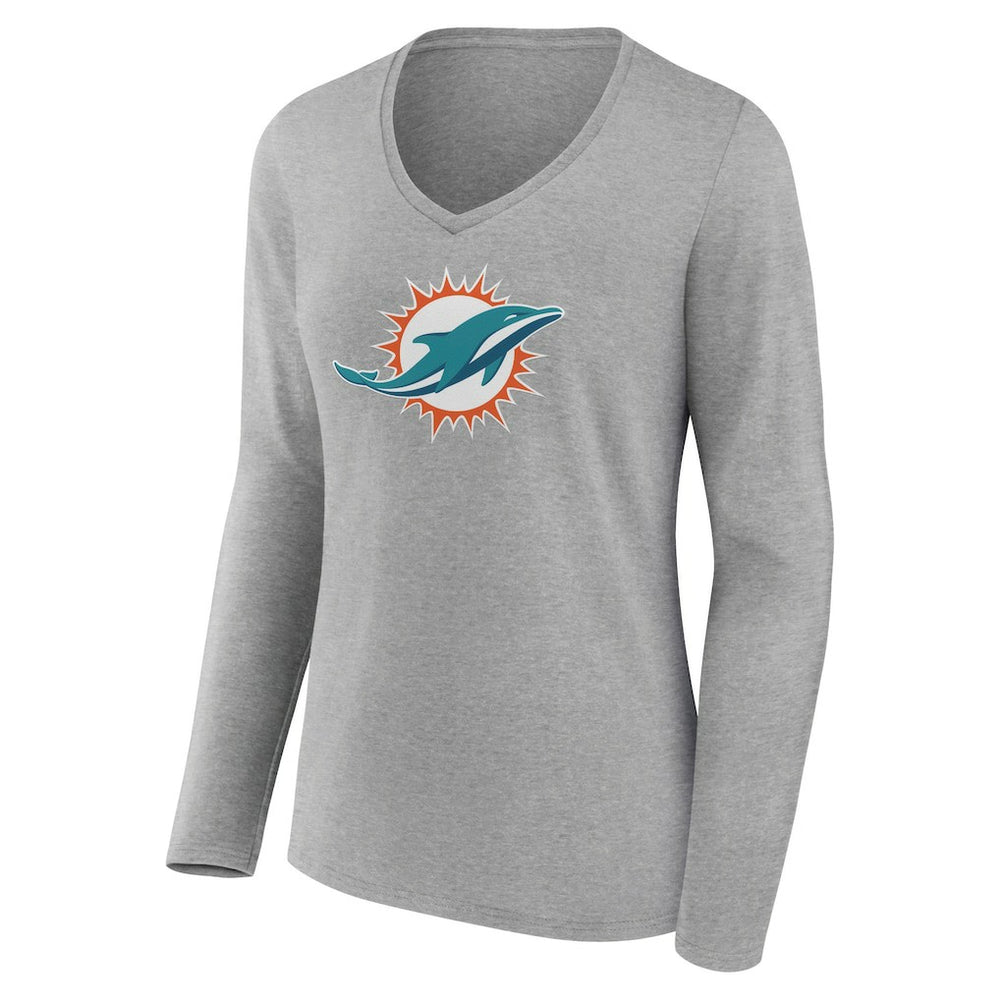 Miami Dolphins Women's Primary Team Logo Long Sleeve V-Neck T-Shirt Heather Gray | NFL