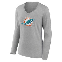 Miami Dolphins Women's Primary Team Logo Long Sleeve V-Neck T-Shirt Heather Gray | NFL