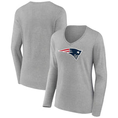 New England Patriots Women's Primary Team Logo Long Sleeve V-Neck T-Shirt Heather Gray | NFL