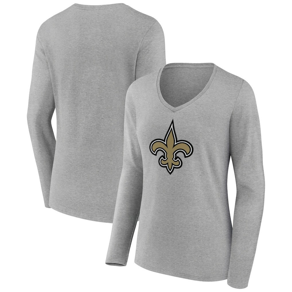 New Orleans Saints Women's Primary Team Logo Long Sleeve V-Neck T-Shirt Heather Gray | NFL
