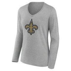 New Orleans Saints Women's Primary Team Logo Long Sleeve V-Neck T-Shirt Heather Gray | NFL
