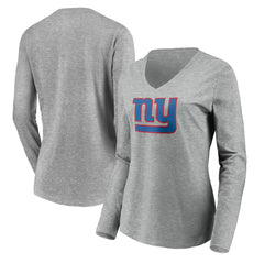 New York Giants Women's Primary Team Logo Long Sleeve V-Neck T-Shirt Heather Gray | NFL