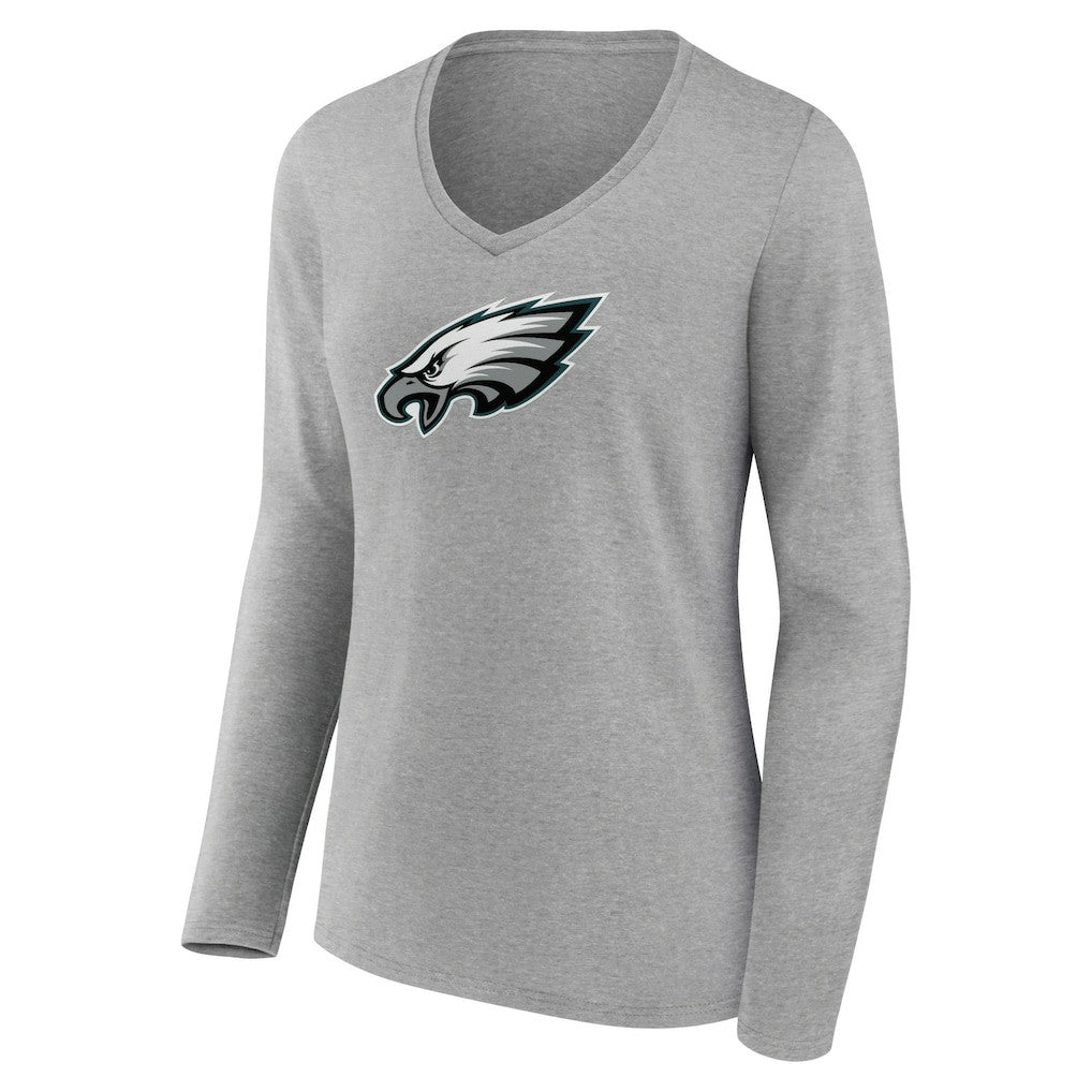 Philadelphia Eagles Women's Primary Team Logo Long Sleeve V-Neck T-Shirt Heather Gray | NFL
