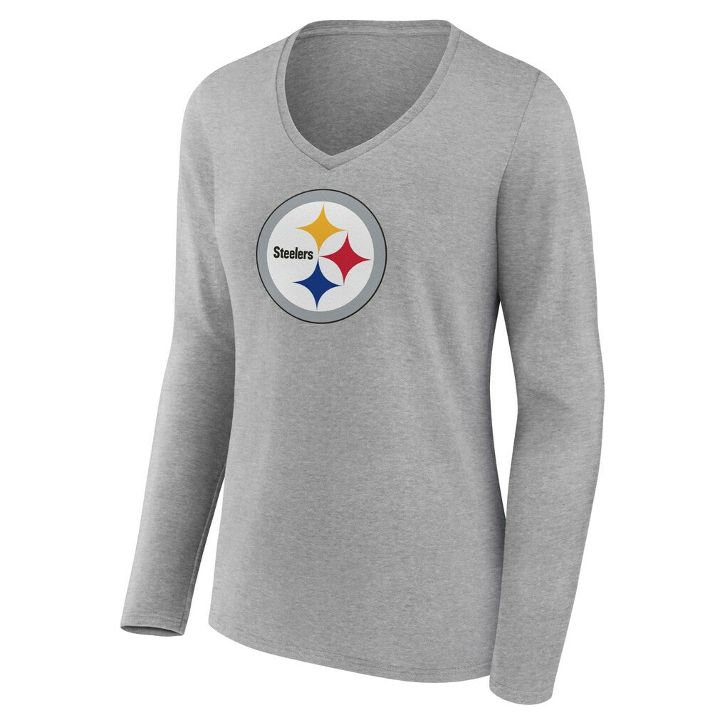 Pittsburgh Steelers Women's Primary Team Logo Long Sleeve V-Neck T-Shirt Heather Gray | NFL