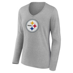 Pittsburgh Steelers Women's Primary Team Logo Long Sleeve V-Neck T-Shirt Heather Gray | NFL