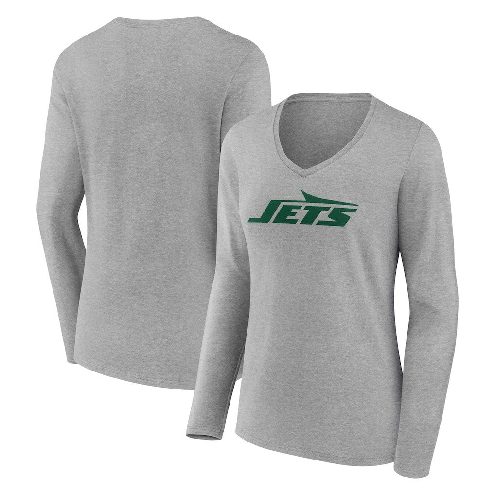 New York Jets Women's Primary Logo Long Sleeve V-Neck T-Shirt Gray | NFL