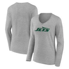 New York Jets Women's Primary Logo Long Sleeve V-Neck T-Shirt Gray | NFL