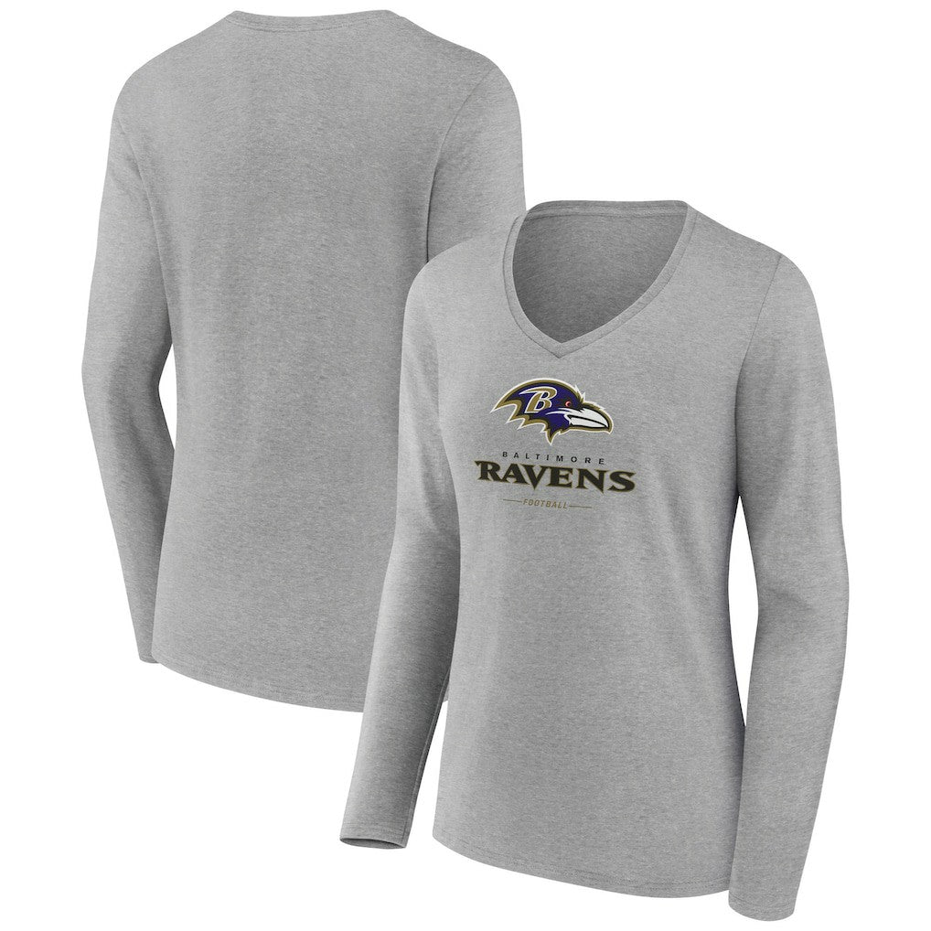 Baltimore Ravens Women's Logo Team Lockup Long Sleeve V-Neck T-Shirt Heather Gray | NFL