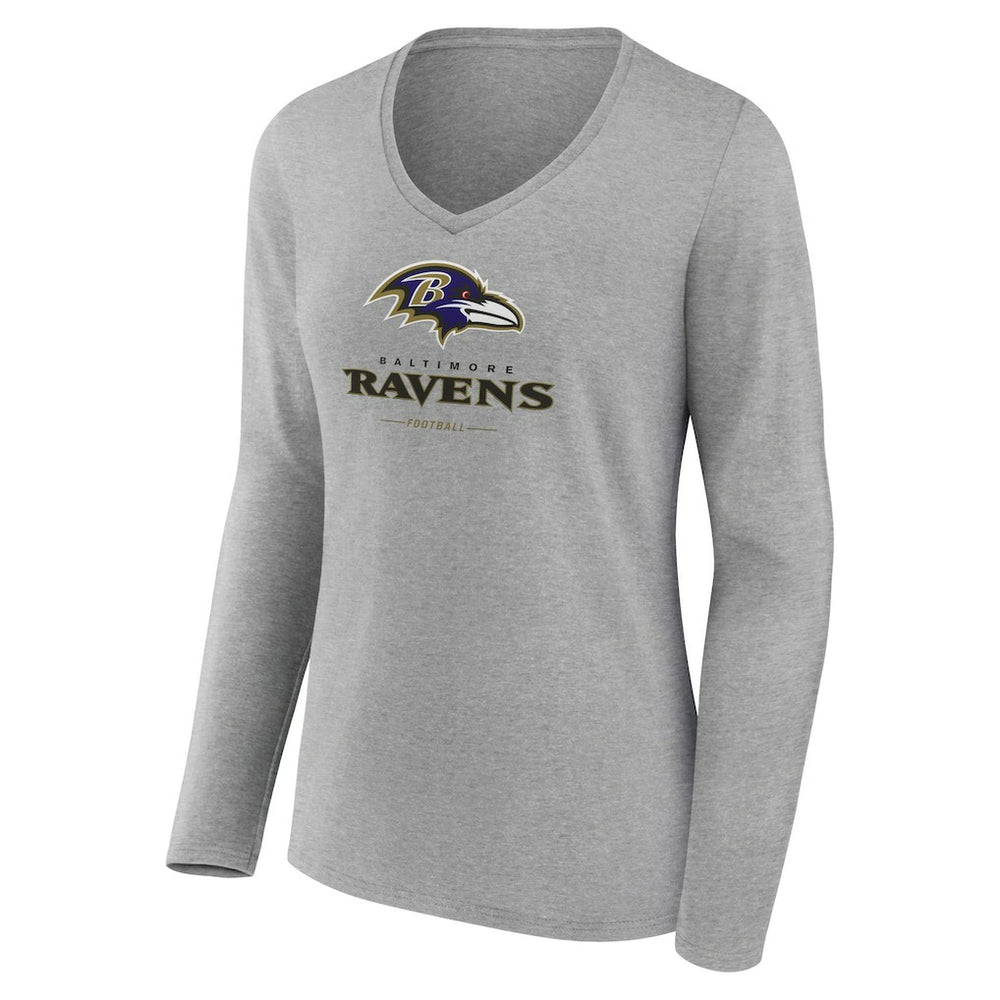 Baltimore Ravens Women's Logo Team Lockup Long Sleeve V-Neck T-Shirt Heather Gray | NFL