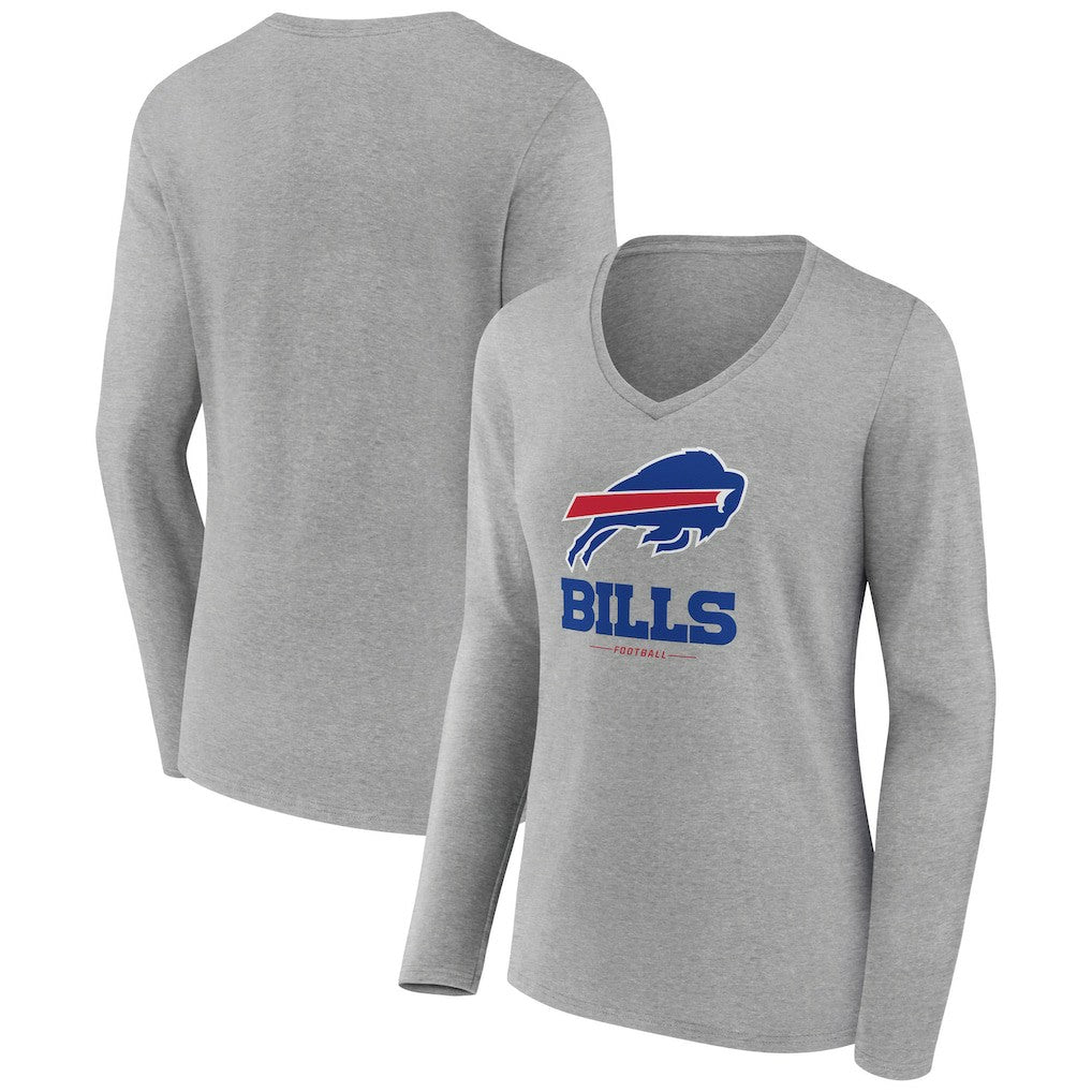 Buffalo Bills Women's Logo Team Lockup Long Sleeve V-Neck T-Shirt Heather Gray | NFL