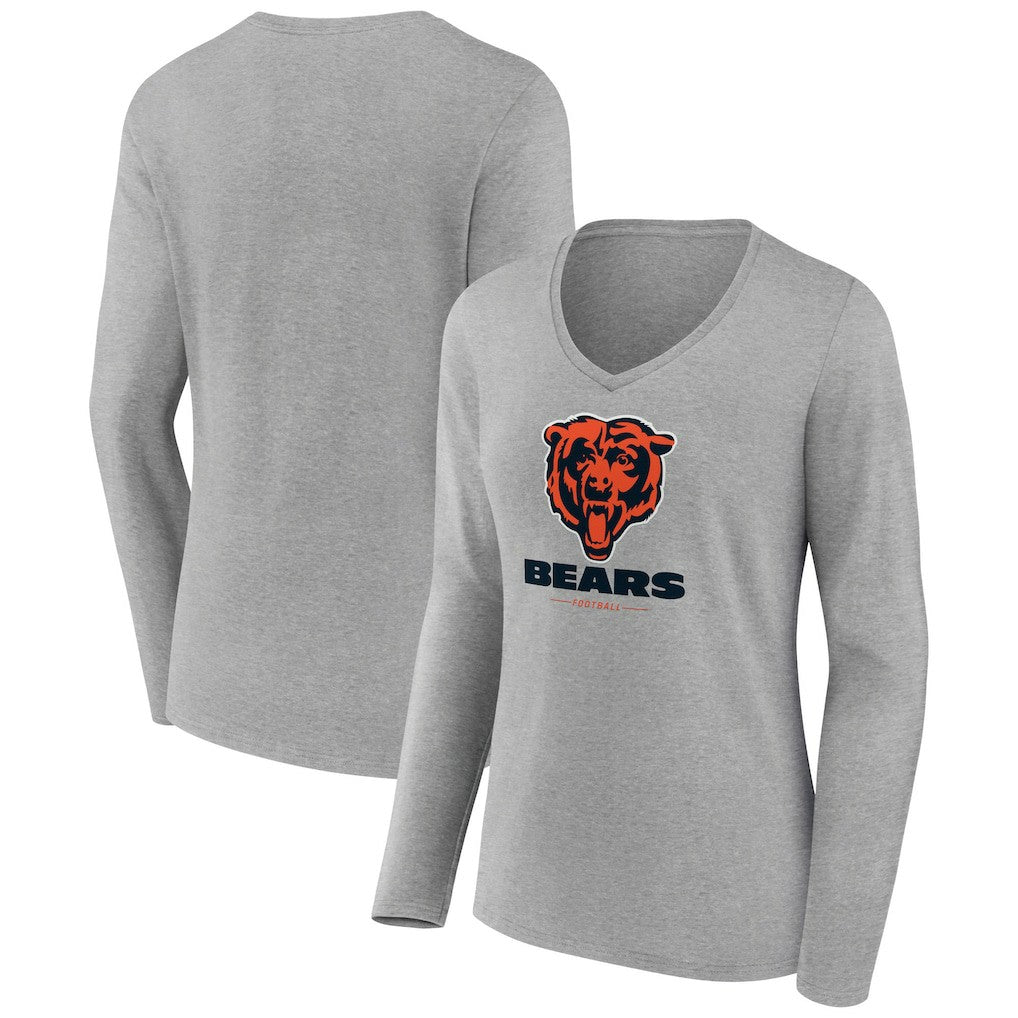 Chicago Bears Women's Logo Team Lockup Long Sleeve V-Neck T-Shirt Heather Gray | NFL