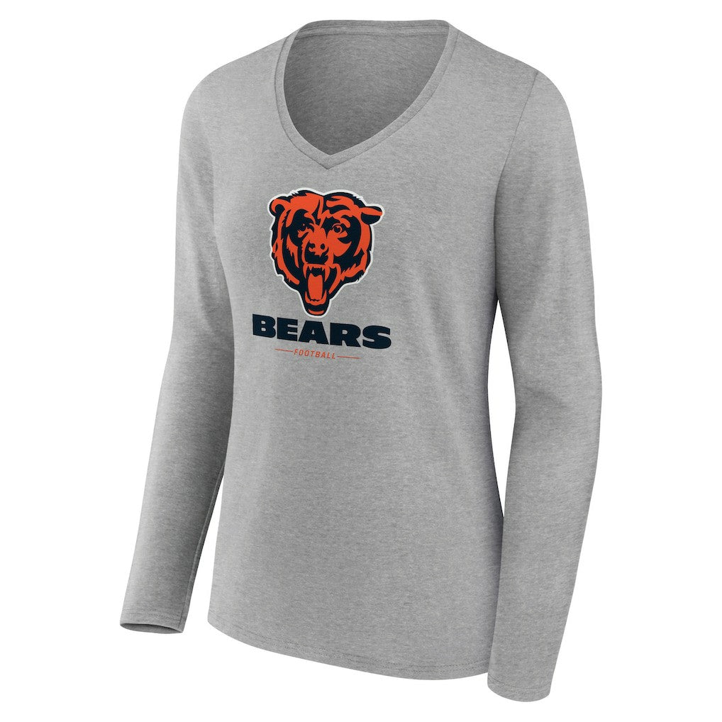 Chicago Bears Women's Logo Team Lockup Long Sleeve V-Neck T-Shirt Heather Gray | NFL