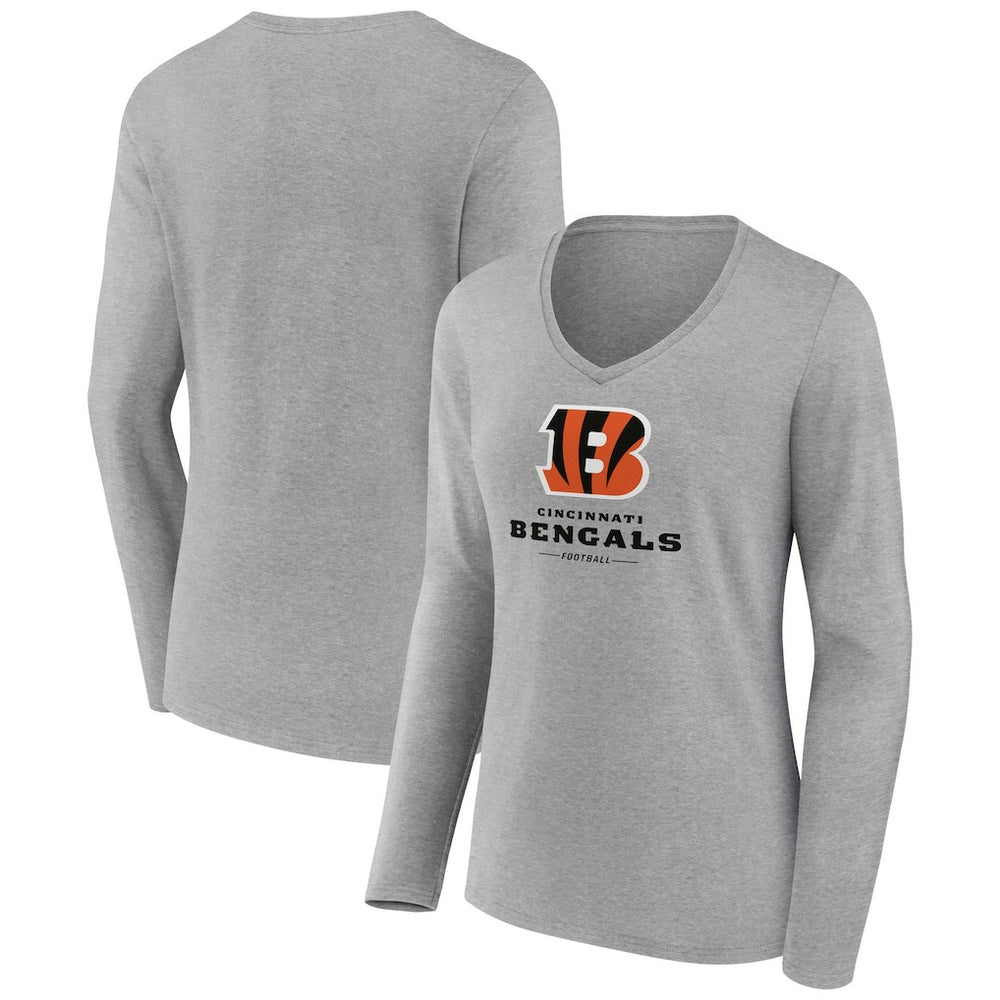 Cincinnati Bengals Women's Logo Team Lockup Long Sleeve V-Neck T-Shirt Heather Gray | NFL