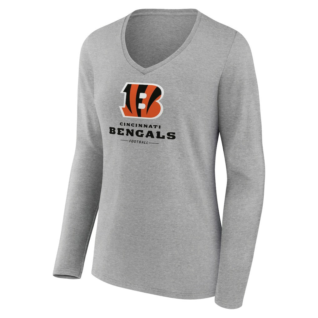 Cincinnati Bengals Women's Logo Team Lockup Long Sleeve V-Neck T-Shirt Heather Gray | NFL