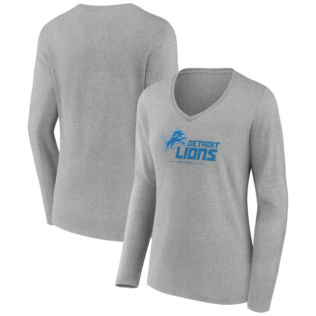 Detroit Lions Women's Logo Team Lockup Long Sleeve V-Neck T-Shirt Heather Gray | NFL