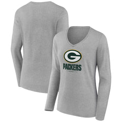 Green Bay Packers Women's Logo Team Lockup Long Sleeve V-Neck T-Shirt Heather Gray | NFL