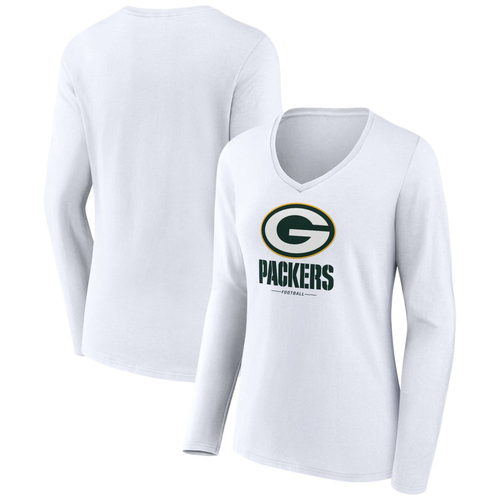 Green Bay Packers Women's Logo Team Lockup Long Sleeve V-Neck T-Shirt White | NFL