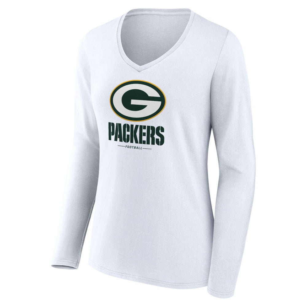 Green Bay Packers Women's Logo Team Lockup Long Sleeve V-Neck T-Shirt White | NFL