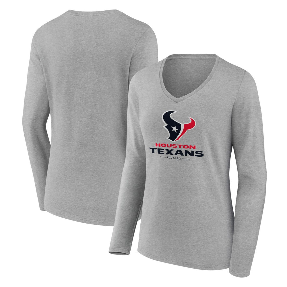 Houston Texans Women's Logo Team Lockup Long Sleeve V-Neck T-Shirt Heather Gray | NFL