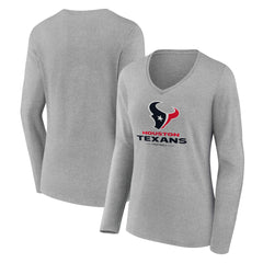 Houston Texans Women's Logo Team Lockup Long Sleeve V-Neck T-Shirt Heather Gray | NFL