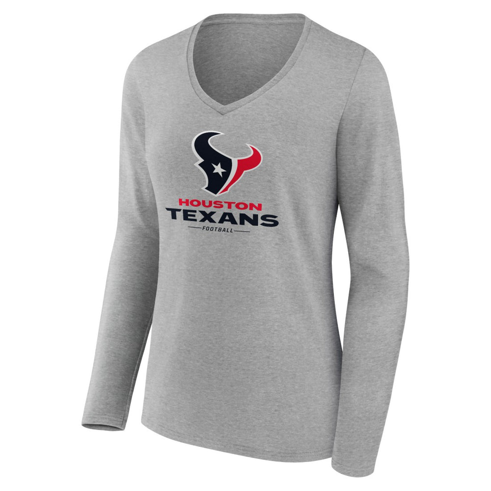 Houston Texans Women's Logo Team Lockup Long Sleeve V-Neck T-Shirt Heather Gray | NFL