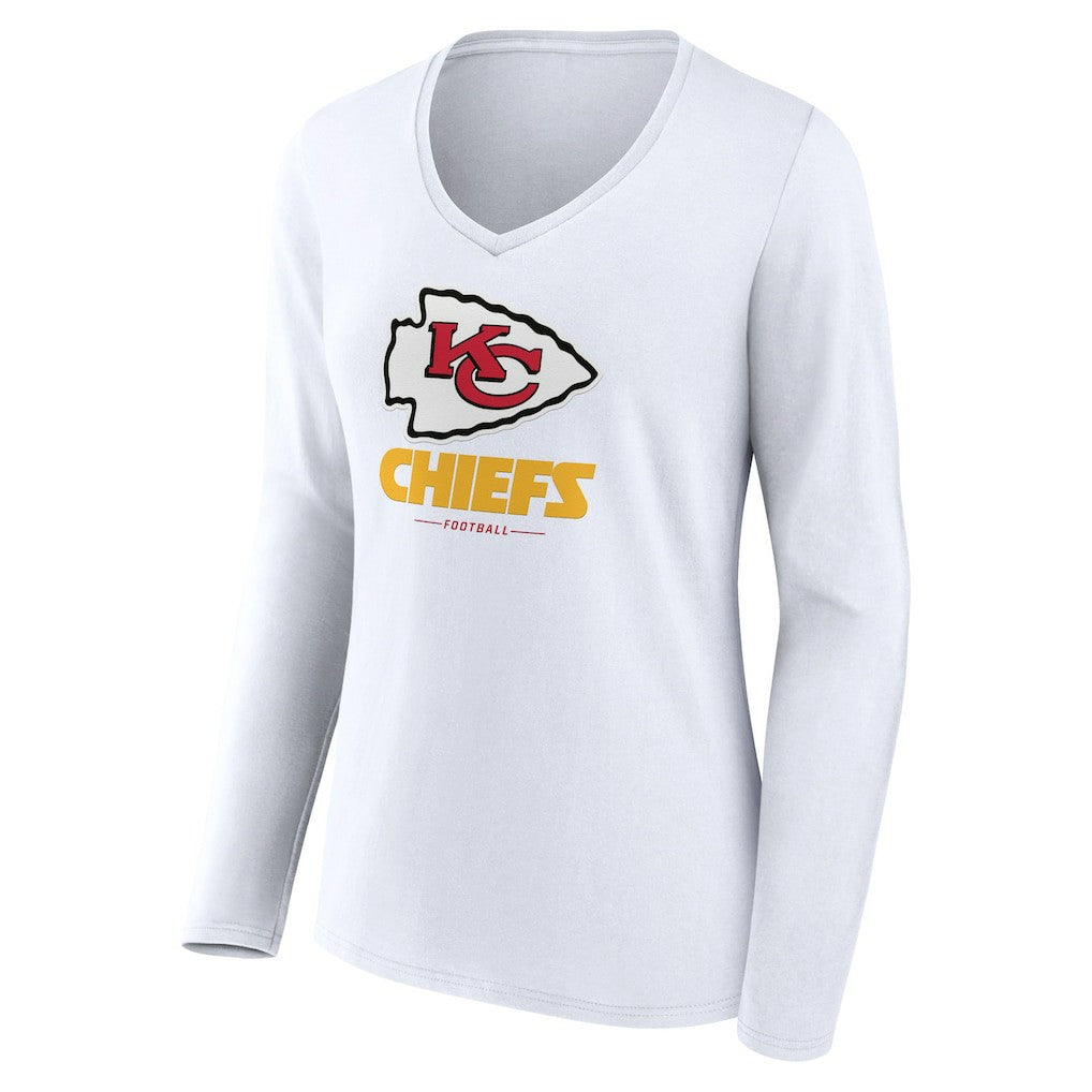 Kansas City Chiefs Women's Logo Team Lockup Long Sleeve V-Neck T-Shirt White | NFL