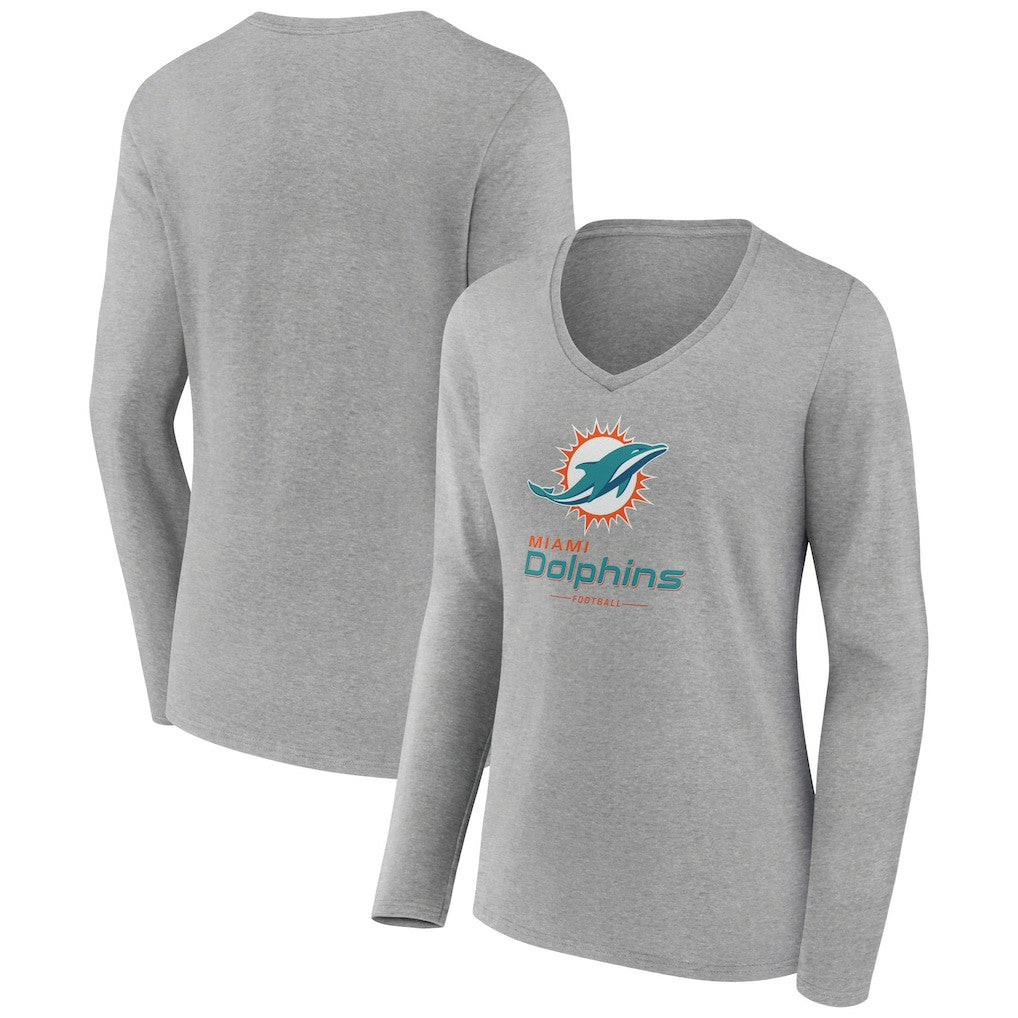 Miami Dolphins Women's Logo Team Lockup Long Sleeve V-Neck T-Shirt Heather Gray | NFL
