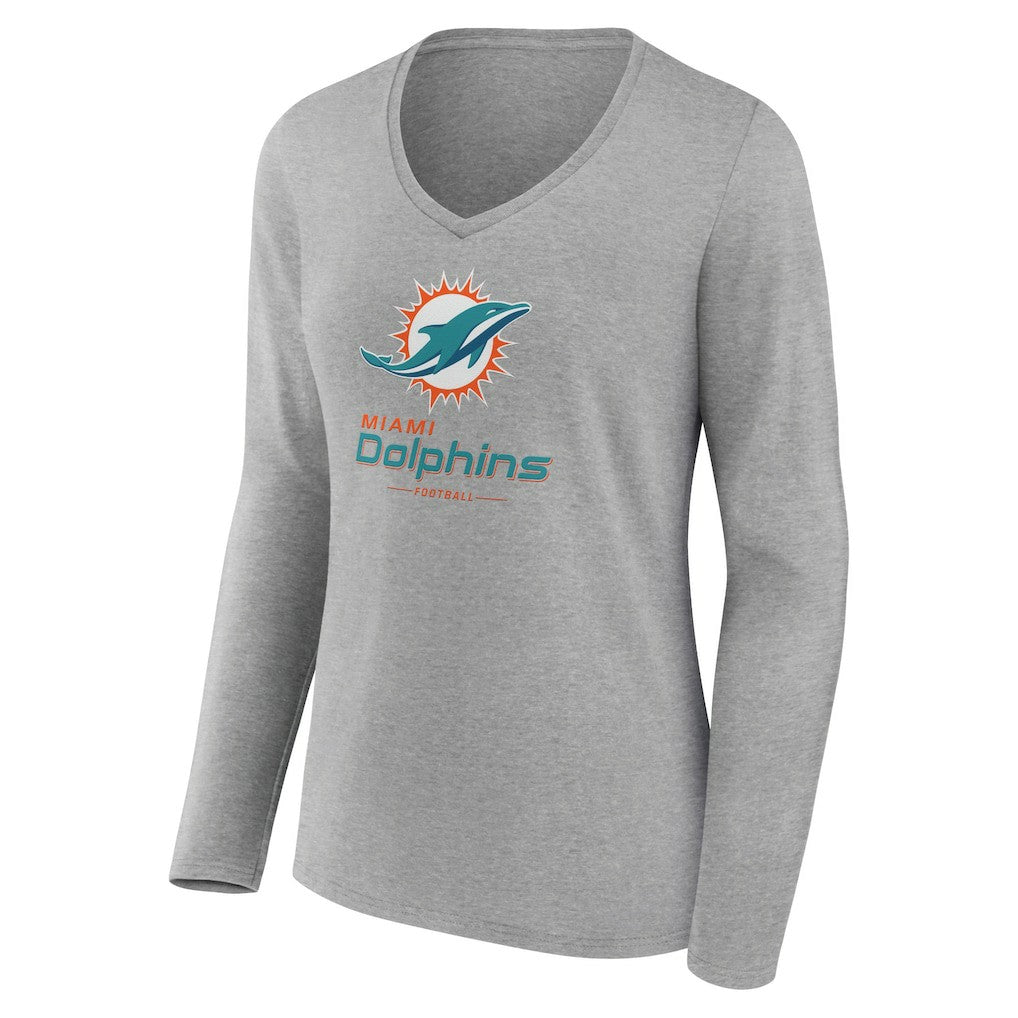 Miami Dolphins Women's Logo Team Lockup Long Sleeve V-Neck T-Shirt Heather Gray | NFL