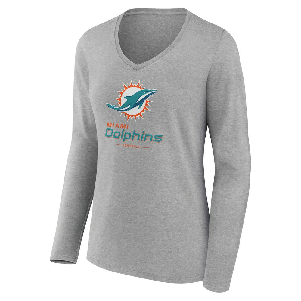 Miami Dolphins Women's Logo Team Lockup Long Sleeve V-Neck T-Shirt Heather Gray | NFL