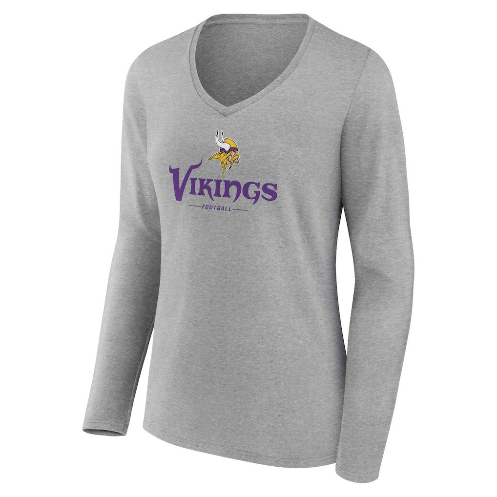 Minnesota Vikings Women's Logo Team Lockup Long Sleeve V-Neck T-Shirt Heather Gray | NFL