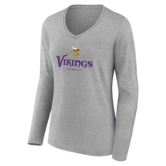 Minnesota Vikings Women's Logo Team Lockup Long Sleeve V-Neck T-Shirt Heather Gray | NFL