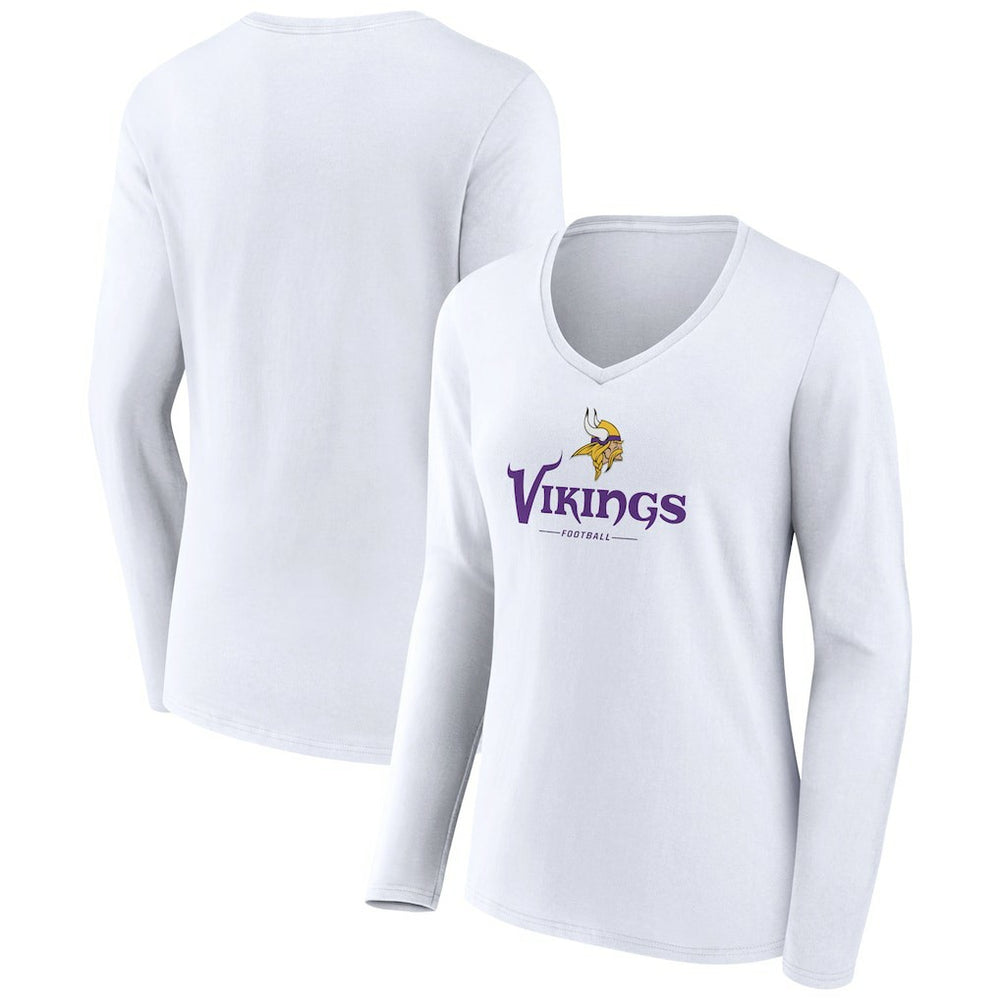Minnesota Vikings Women's Logo Team Lockup Long Sleeve V-Neck T-Shirt White | NFL