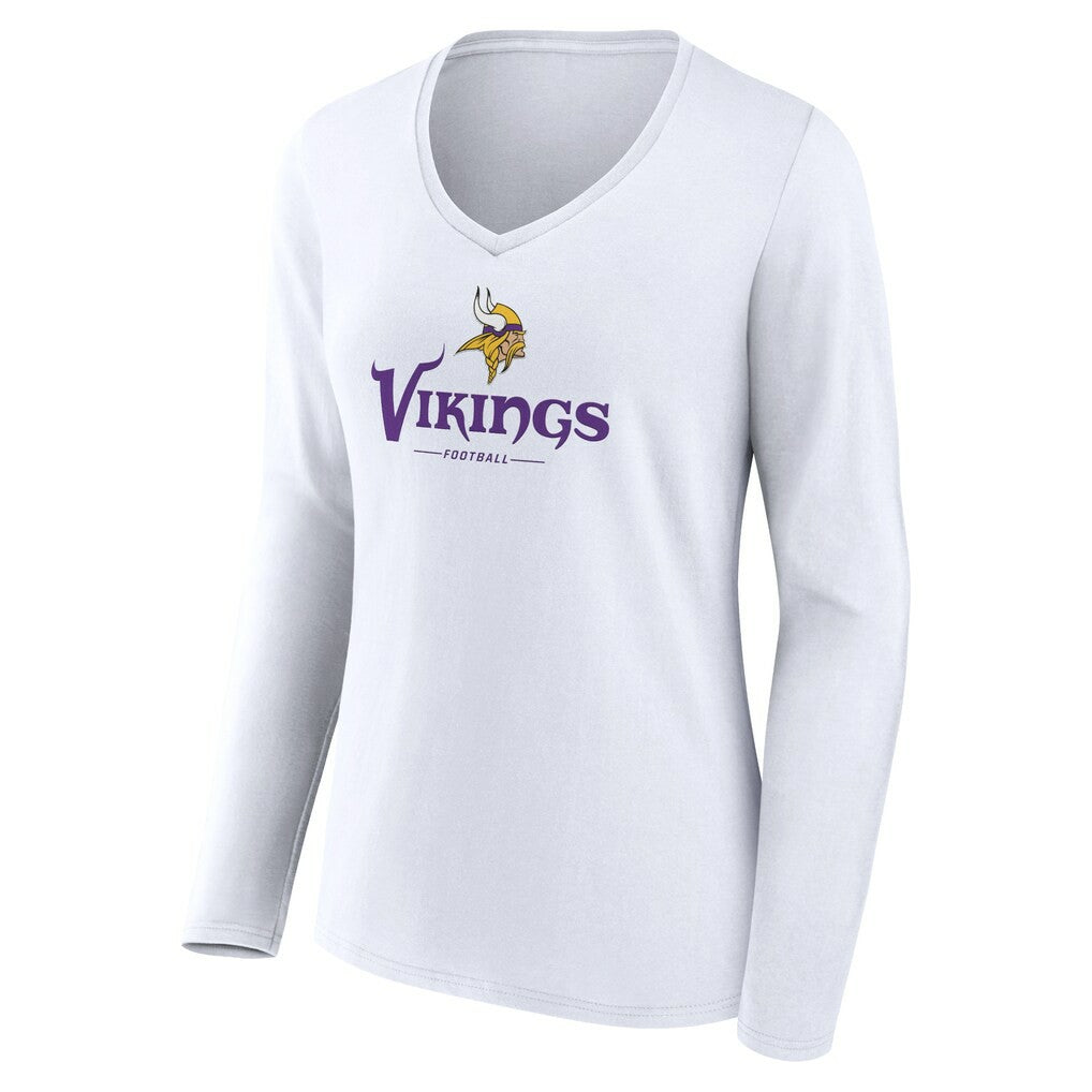 Minnesota Vikings Women's Logo Team Lockup Long Sleeve V-Neck T-Shirt White | NFL