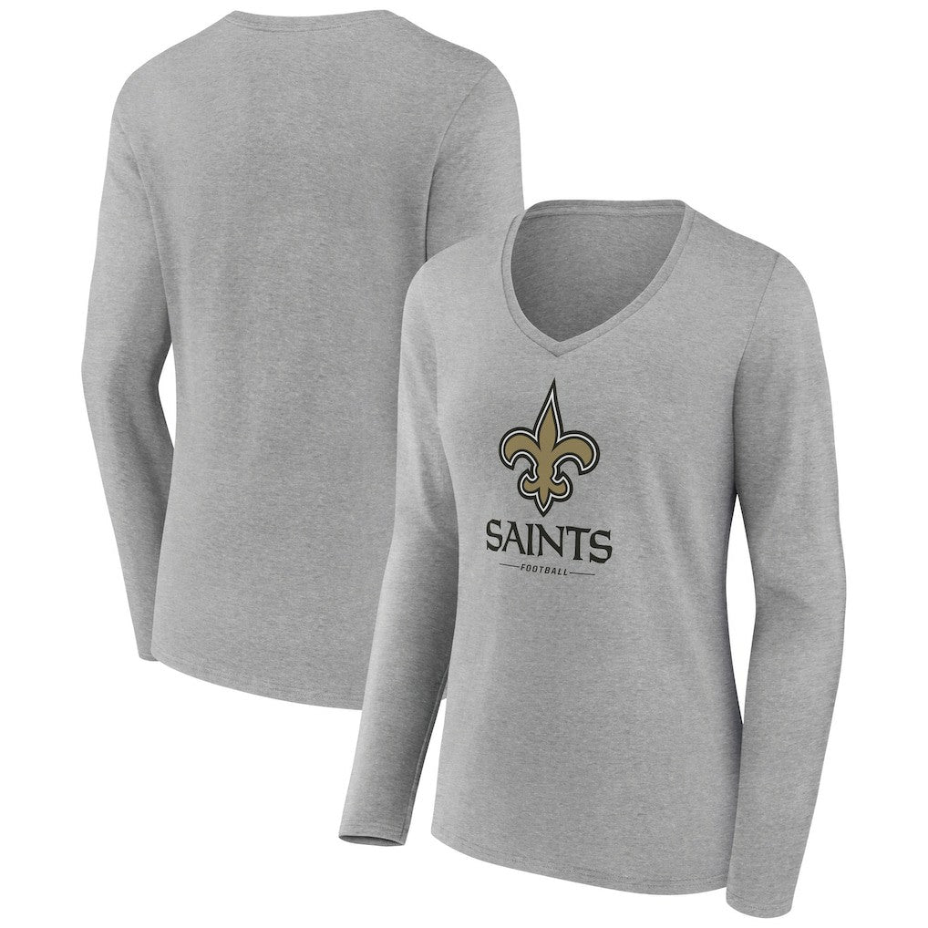 New Orleans Saints Women's Logo Team Lockup Long Sleeve V-Neck T-Shirt Heather Gray | NFL