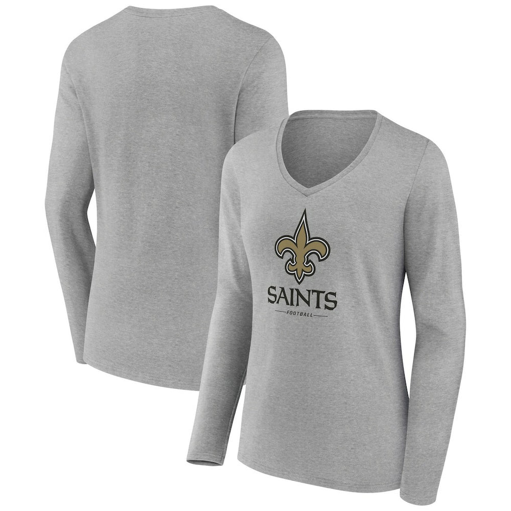 New Orleans Saints Women's Logo Team Lockup Long Sleeve V-Neck T-Shirt Heather Gray | NFL