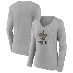 New Orleans Saints Women's Logo Team Lockup Long Sleeve V-Neck T-Shirt Heather Gray | NFL