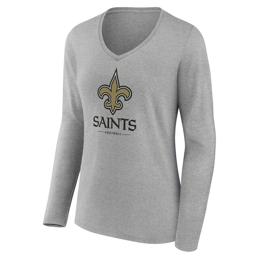 New Orleans Saints Women's Logo Team Lockup Long Sleeve V-Neck T-Shirt Heather Gray | NFL