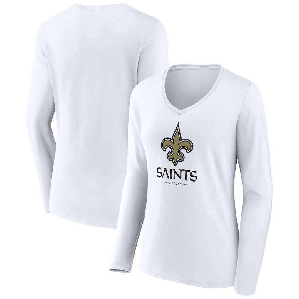 New Orleans Saints Women's Logo Team Lockup Long Sleeve V-Neck T-Shirt White | NFL