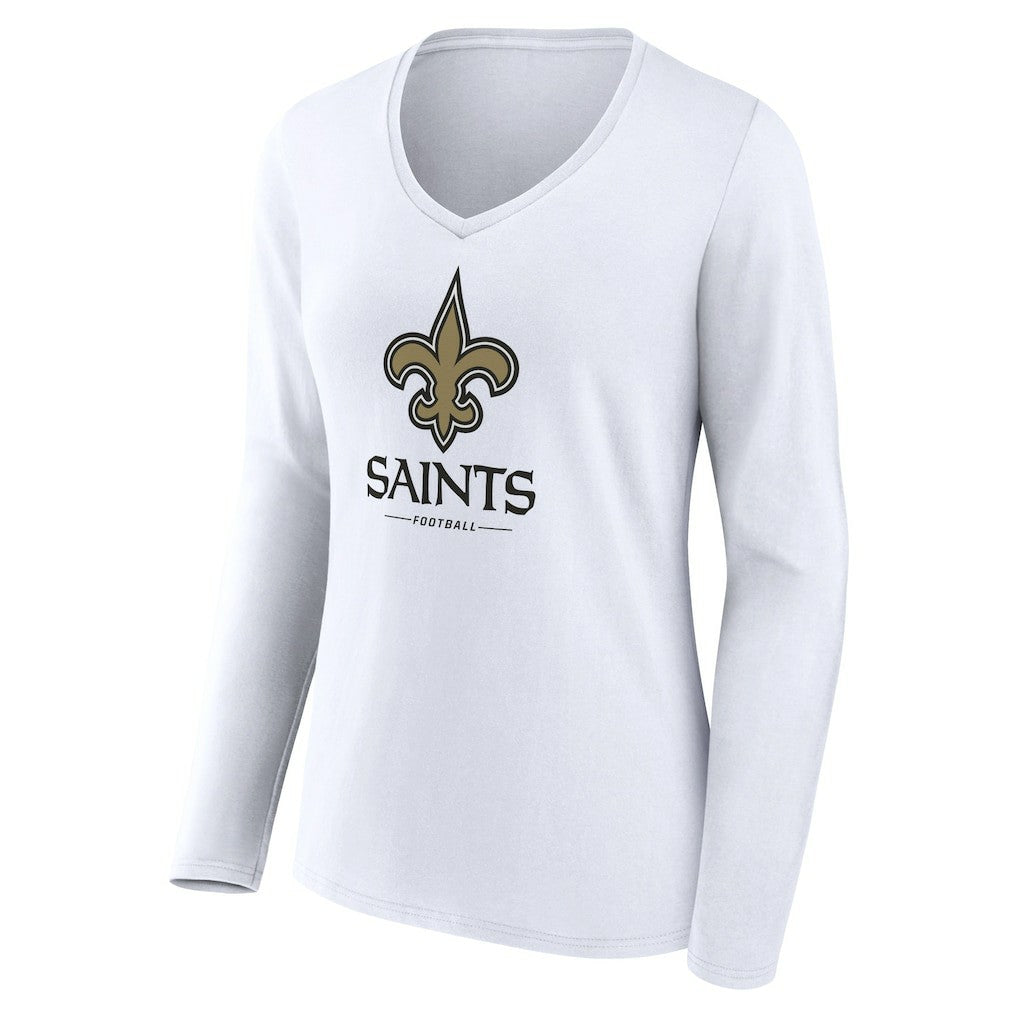 New Orleans Saints Women's Logo Team Lockup Long Sleeve V-Neck T-Shirt White | NFL