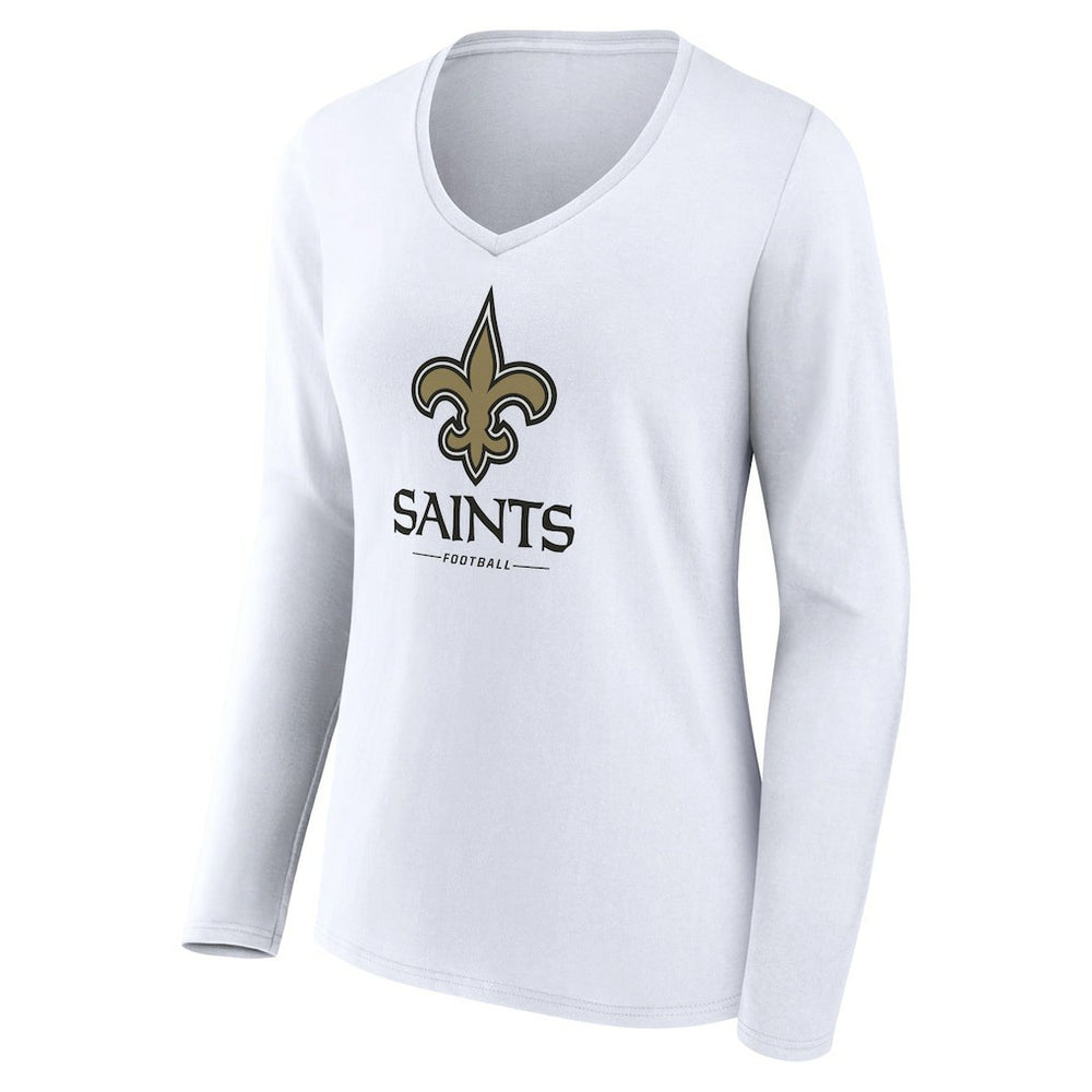 New Orleans Saints Women's Logo Team Lockup Long Sleeve V-Neck T-Shirt White | NFL