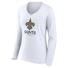 New Orleans Saints Women's Logo Team Lockup Long Sleeve V-Neck T-Shirt White | NFL