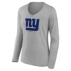 New York Giants Women's Logo Team Lockup Long Sleeve V-Neck T-Shirt Heather Gray | NFL