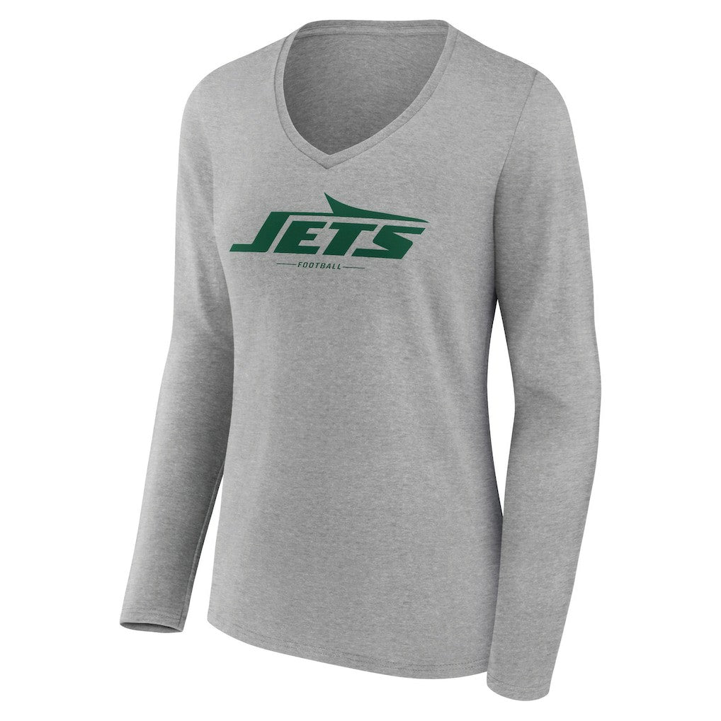 New York Jets Women's Logo Team Lockup Long Sleeve V-Neck T-Shirt Heather Gray | NFL