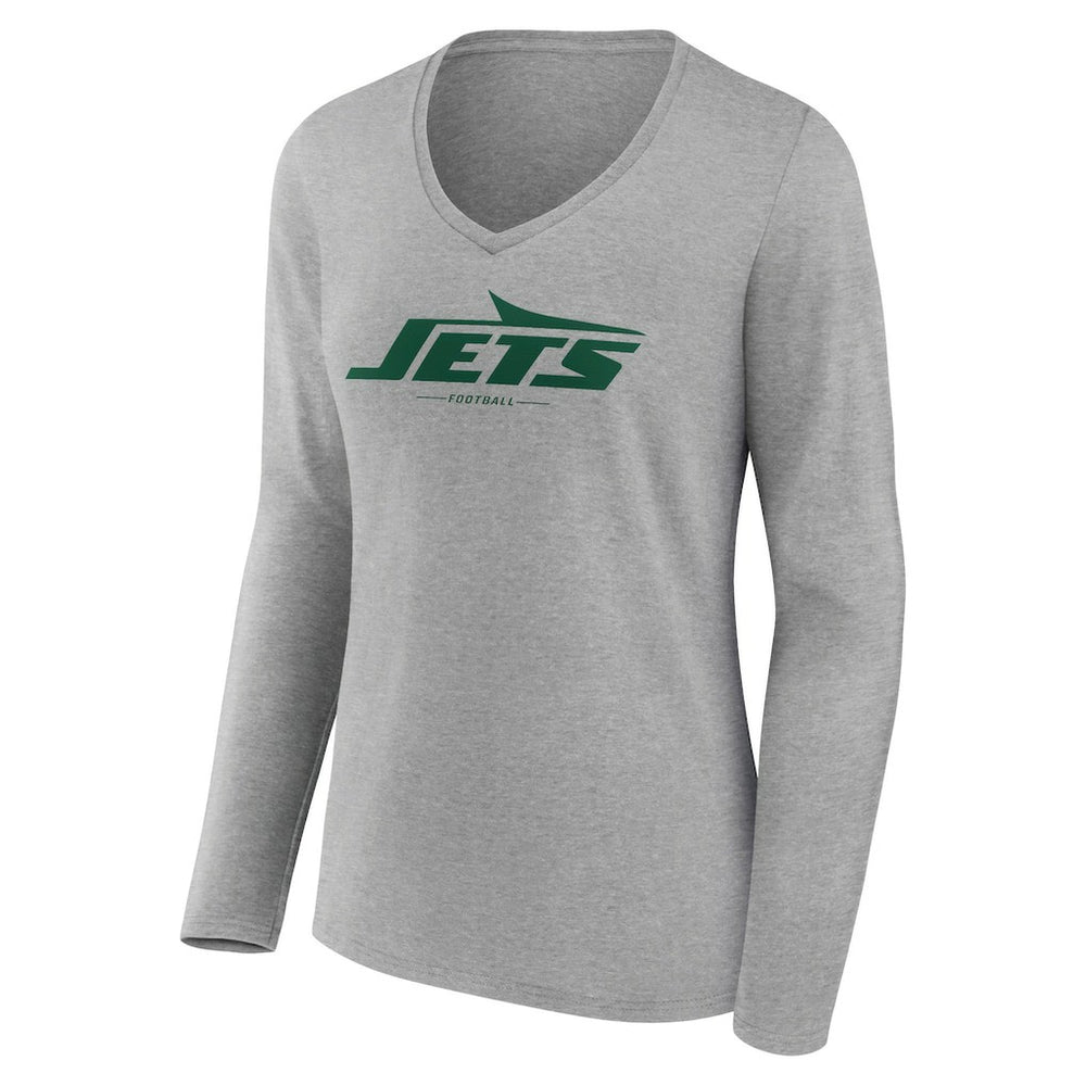 New York Jets Women's Logo Team Lockup Long Sleeve V-Neck T-Shirt Heather Gray | NFL