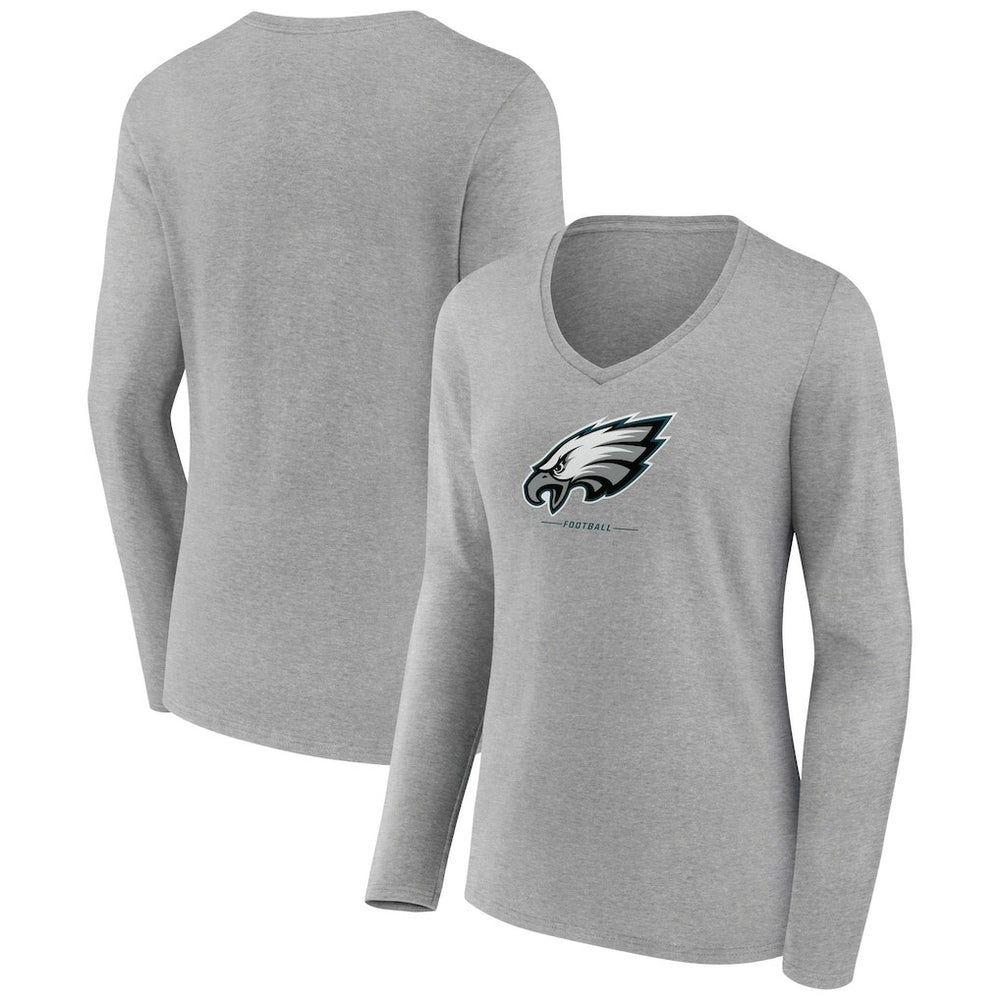 Philadelphia Eagles Women's Logo Team Lockup Long Sleeve V-Neck T-Shirt Heather Gray | NFL