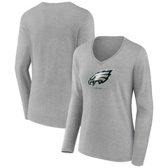 Philadelphia Eagles Women's Logo Team Lockup Long Sleeve V-Neck T-Shirt Heather Gray | NFL